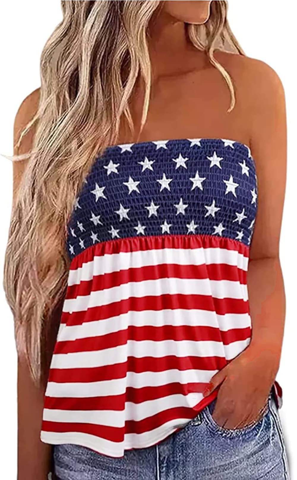 LOTUCY American Flag Strapless Tube Top Women 4th of July Patriotic Sleeveless Ruffled Smocked Tube Tops