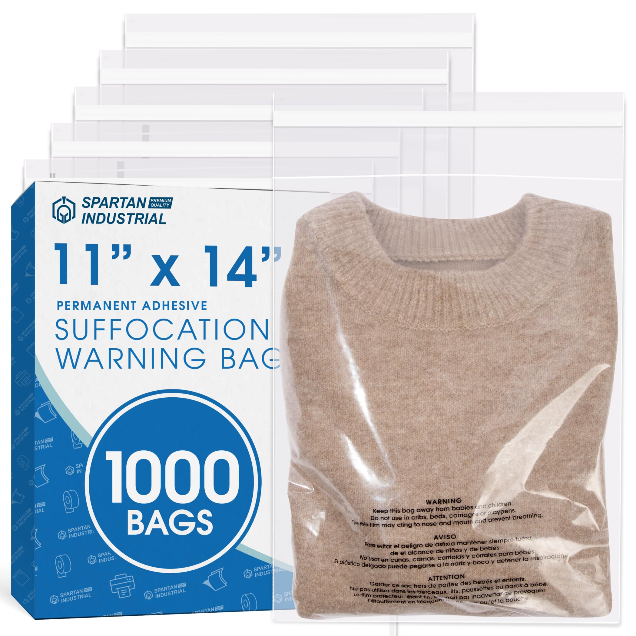 Spartan Industrial 11" x 14" (1000 Count) Self Seal Clear Poly Bags with Suffocation Warning | T Shirts Packaging - Perm