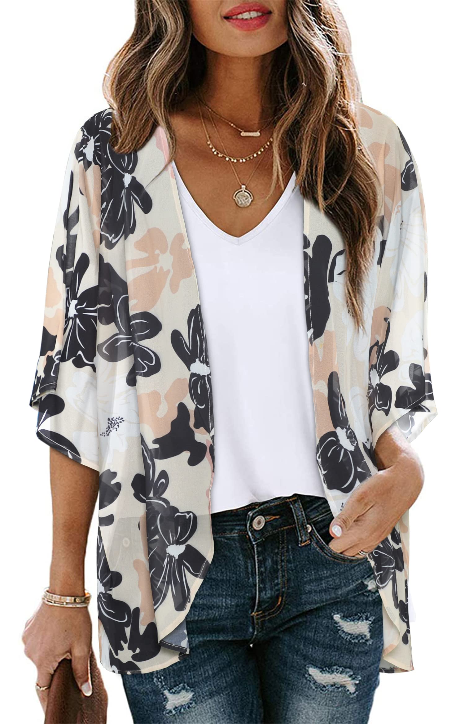 CHICGAL Women's Floral Print Puff Sleeve Kimono Cardigan Casual Cover Up Loose Tops
| CHICGAL Women's Floral Print Puff